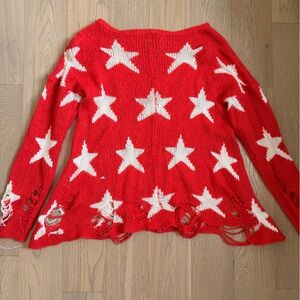 Wildfox Red Star Pattern Distressed Knit Sweater